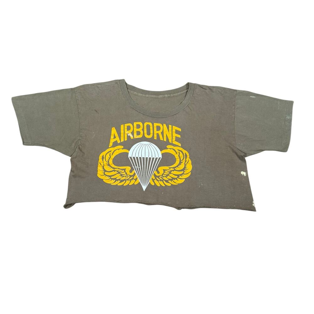 Vintage Army Airborne Paratrooper Cropped Shirt Single Stitch 80s 90s Distressed